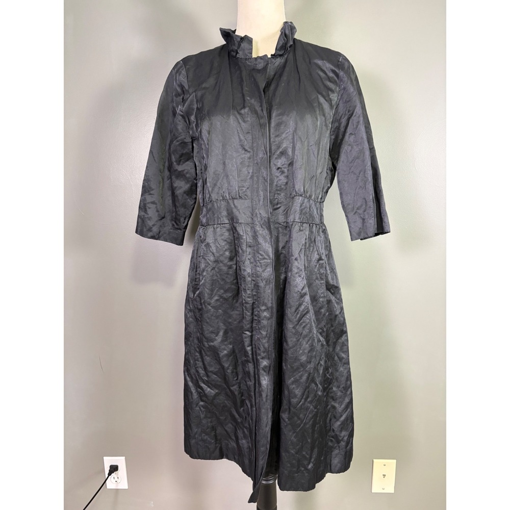 Eileen Fisher Steel Satin Coat S Black Metallic Ruffle Collar Lightweight Shiny